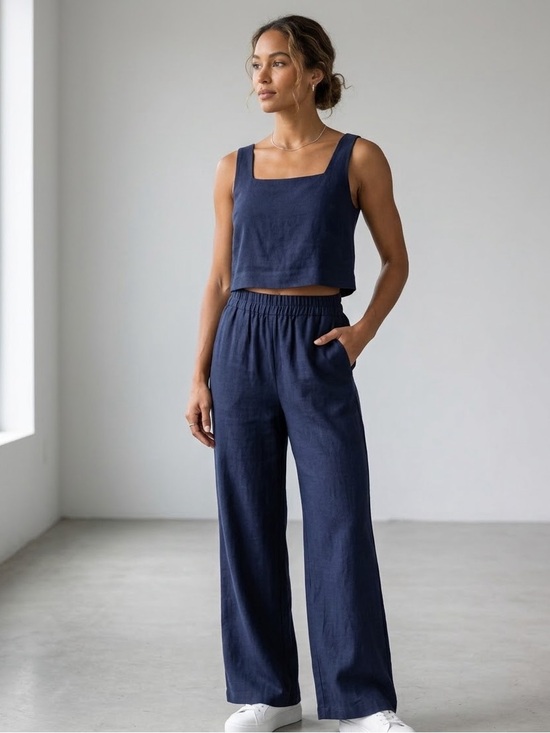 Pants - Sleeveless Navy Square-Neck and wide leg pants linen blend set size large